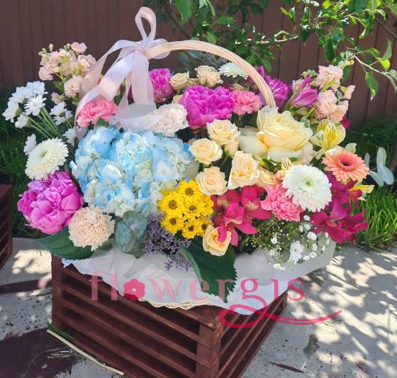 Корзина с гортензией, роз и хризантем «Летняя мечта»